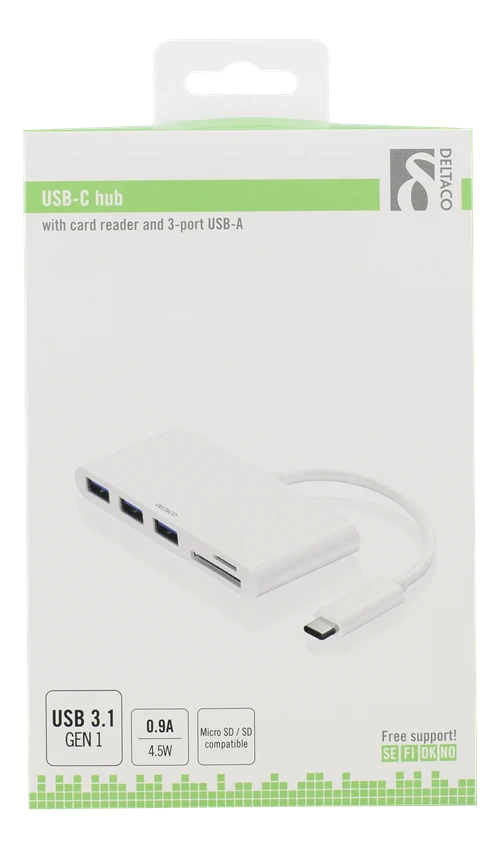 Deltaco USB-C šakotuvas pakuotėje
