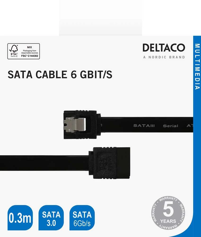 SATA kabelis DELTACO SATA 3.0, 0.3m, juodas / SATA-1000-K / 00200001