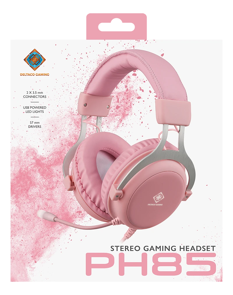 Stereo ausinės DELTACO GAMING PH85, 57mm, LED, rožinės / GAM-030-P