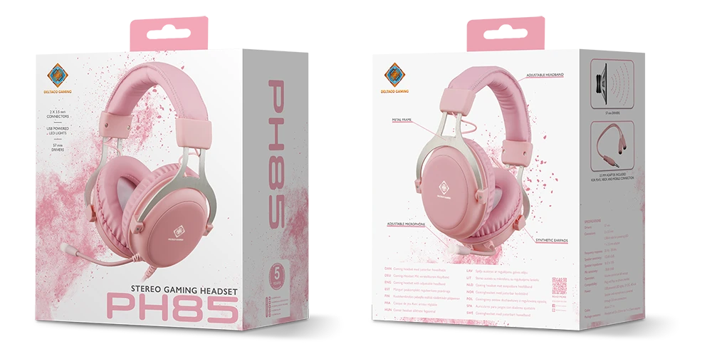 Stereo ausinės DELTACO GAMING PH85, 57mm, LED, rožinės / GAM-030-P