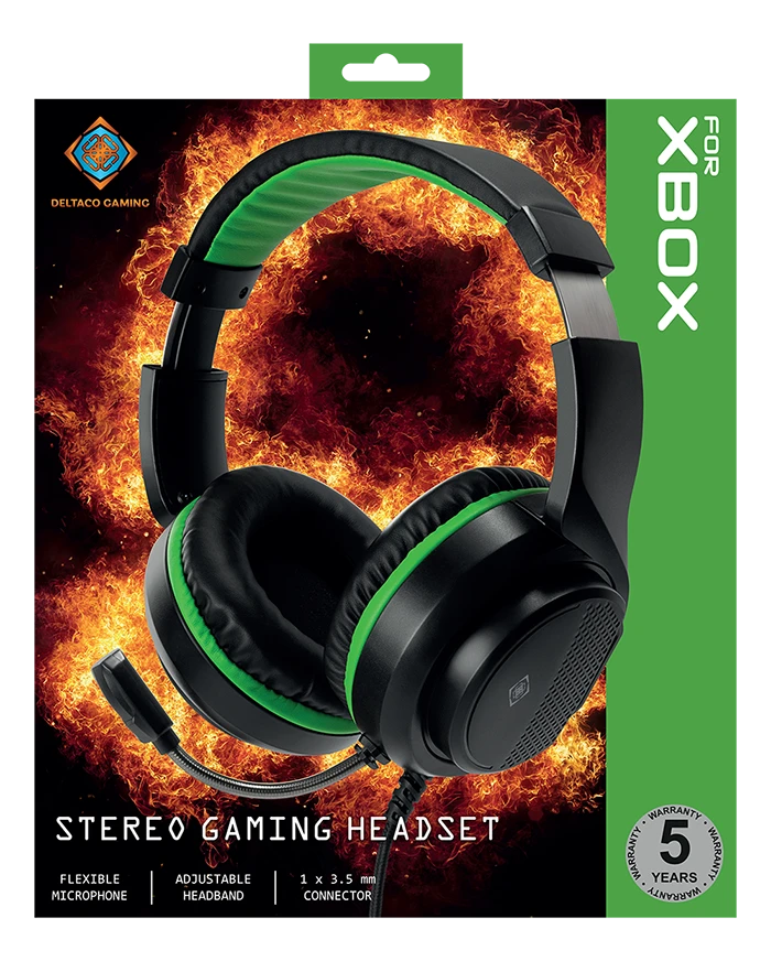 Stereo žaidimų ausinės DELTACO GAMING skirta XBOX Series X / S, 2m kabelis, 40mm, juodos/žalios spalvos / GAM-128