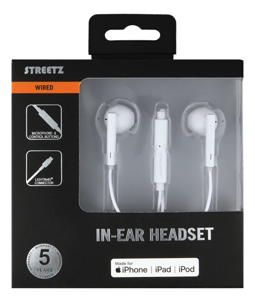 STREETZ į ausis įkišamos Lightning ausinės, Lightning jungtis, 10 mm , 32 &Om;, 20 Hz - 20 kHz, 1,2 m, baltos HL-390