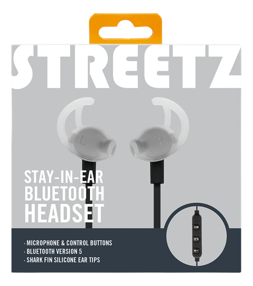 STREETZ „Stay-į ausis įkišamos“ BT5,0 ausinės su mikrofonu ir valdymo mygtukais, juodos HL-BT303