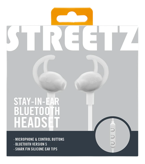 STREETZ „Stay-į ausis įkišamos“ BT5,0 ausinės su mikrofonu ir valdymo mygtukais, baltos HL-BT304