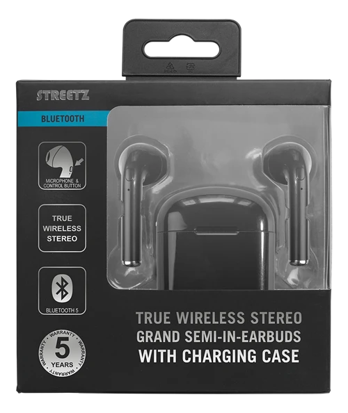 STREETZ True Belaidės ausinės, 350 mAh dėklas, Bluetooth 5, juodos / TWS-0007