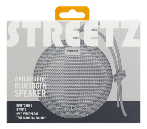 STREETZ vandeniui atsparus „Bluetooth“ garsiakalbis, 5 W, AUX, įmontuotas mikrofonas, pilkas CM764