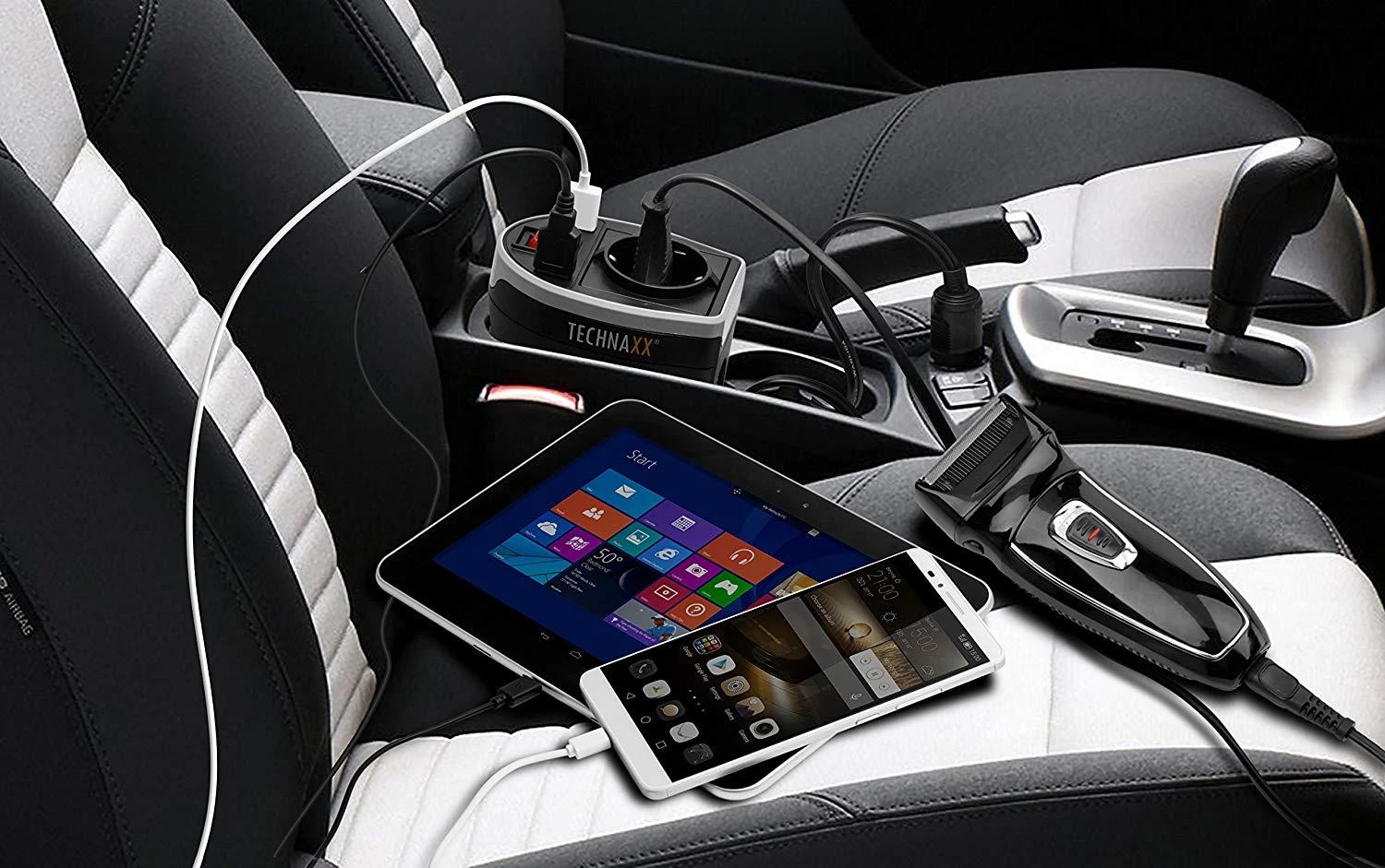 Technaxx TE13 automobilio maitinimo keitiklis, 2 USB prievadai ir 1 CEE 7/4 išvestis, DC 12V, AC 230V 50hz, Juodas / TE13