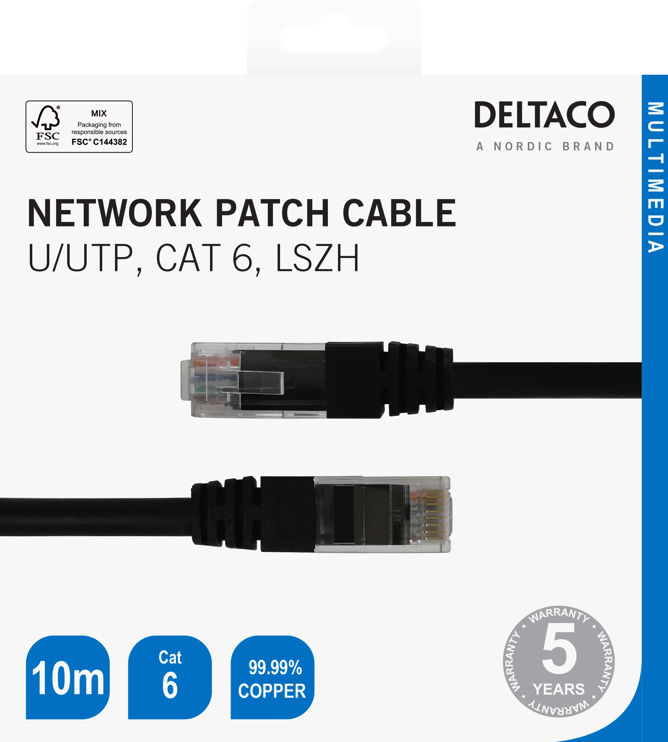 Tinklo kabelis DELTACO U/UTP Cat6, 10m, juodas / TP-610S-K / 00210002