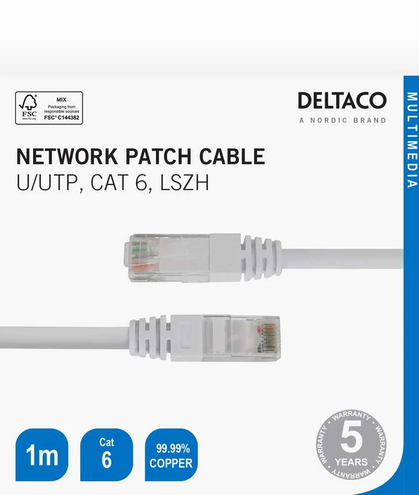 Tinklo kabelis DELTACO U/UTP Cat6, 1m, baltas / TP-61V-K / R00210007