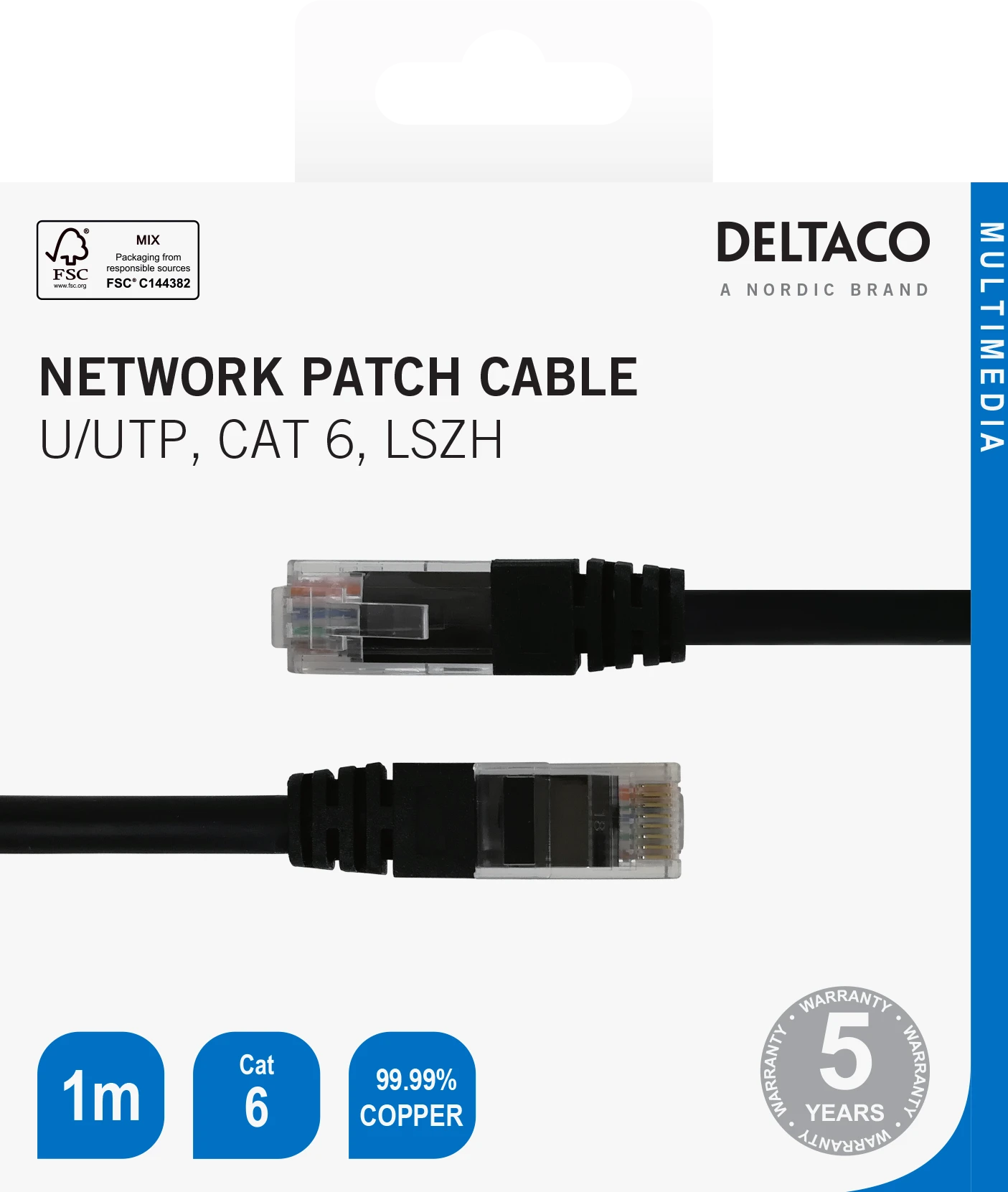 Tinklo kabelis DELTACO U/UTP Cat6, 1m, juodas / TP-61S-K / 00210006