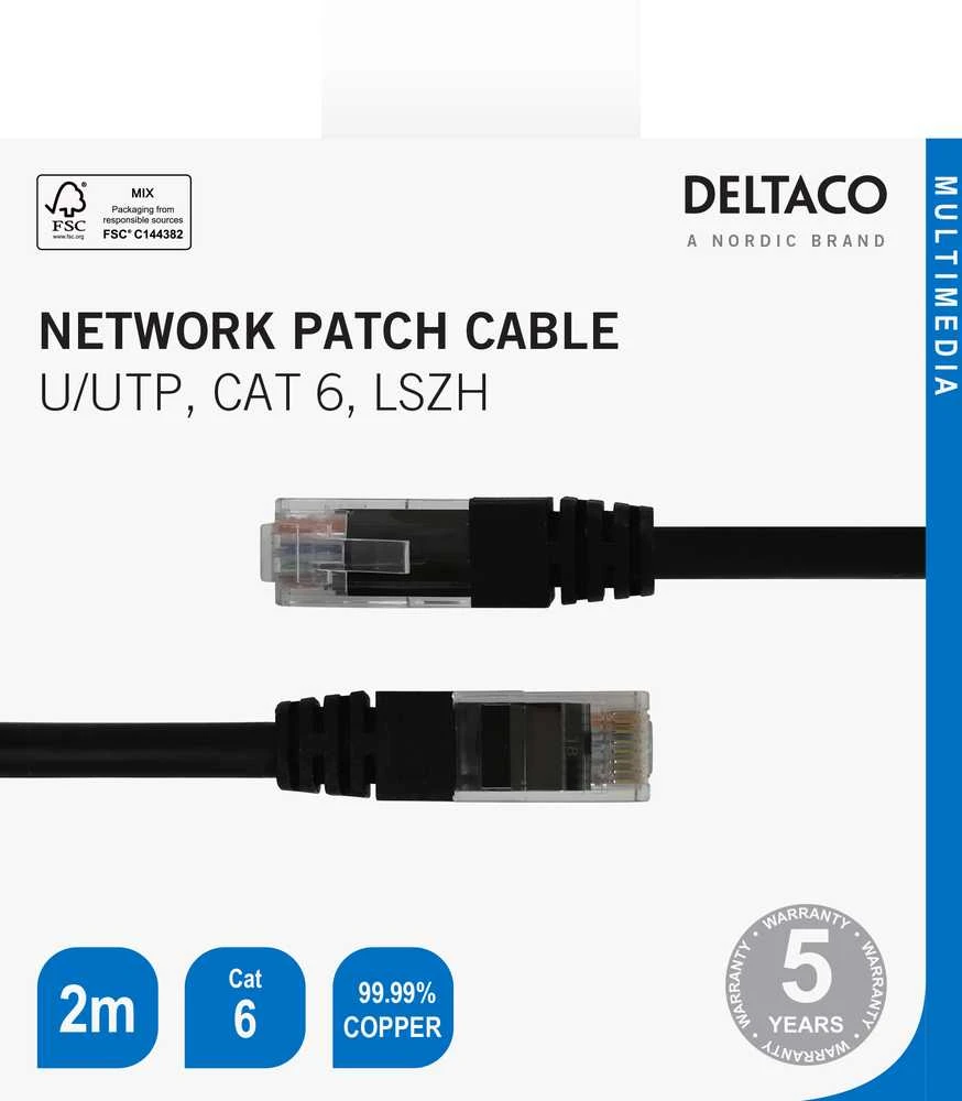 Tinklo kabelis DELTACO U/UTP Cat6, 2m, juodas / TP-62S-K / R00210008
