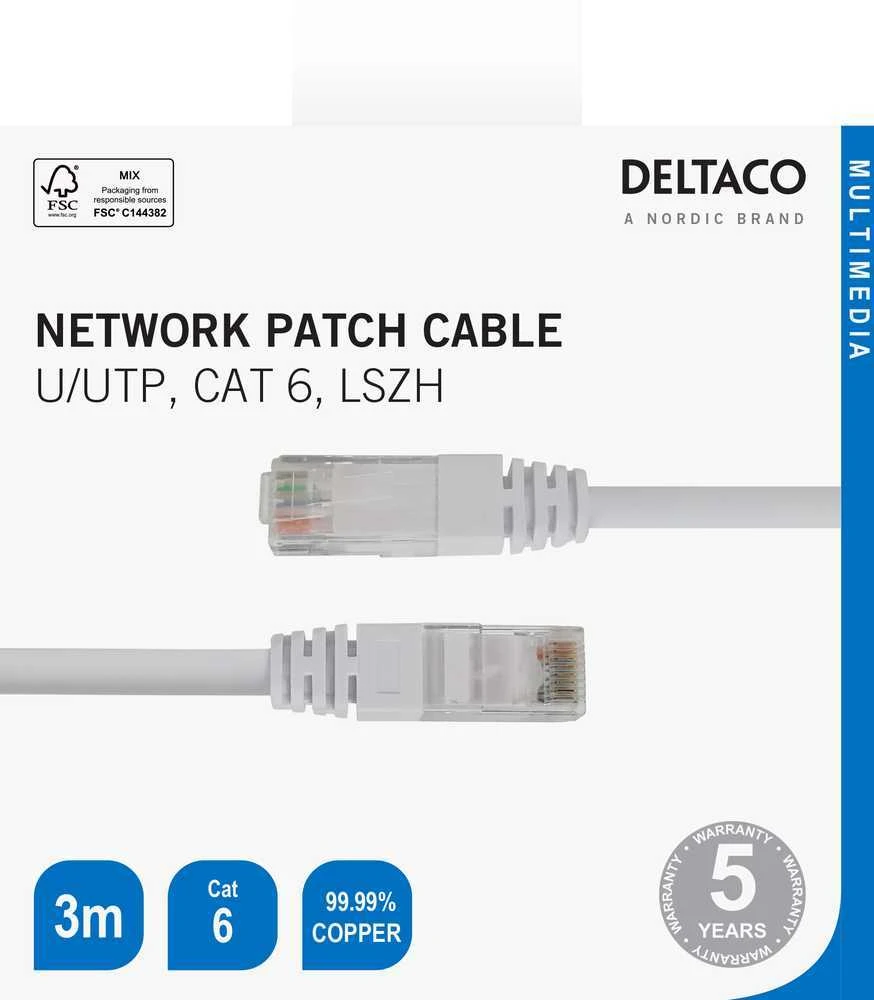 Tinklo kabelis DELTACO U/UTP Cat6, 3m, baltas / TP-63V-K / R00210011