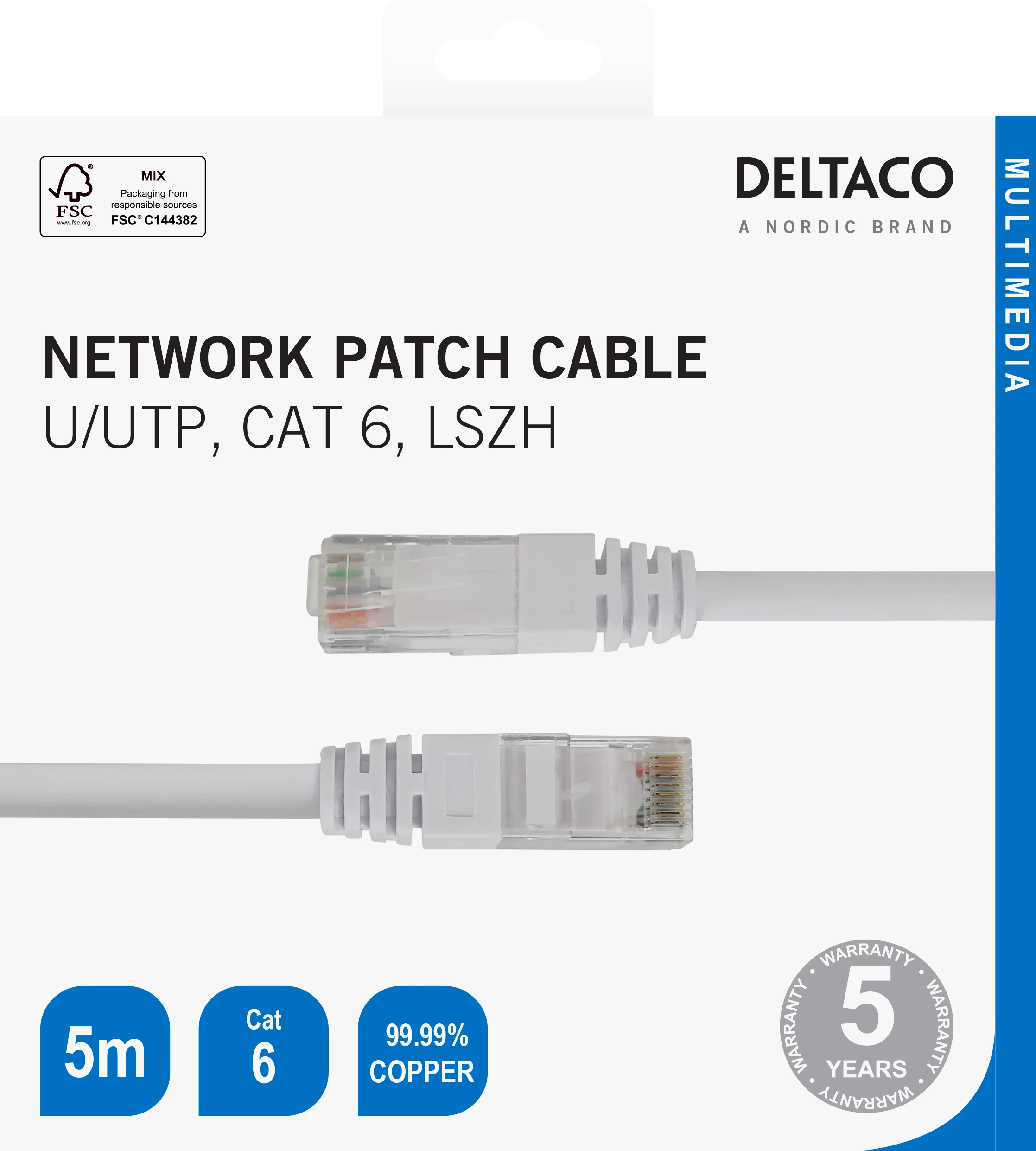 Tinklo kabelis DELTACO U/UTP Cat6, 5m, baltas / TP-65V-K / R00210013