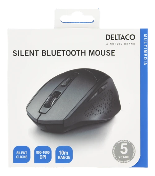 Tyli Bluetooth pelė DELTACO 800-1600 DPI, 4 mygtukai, pilka / MS-901