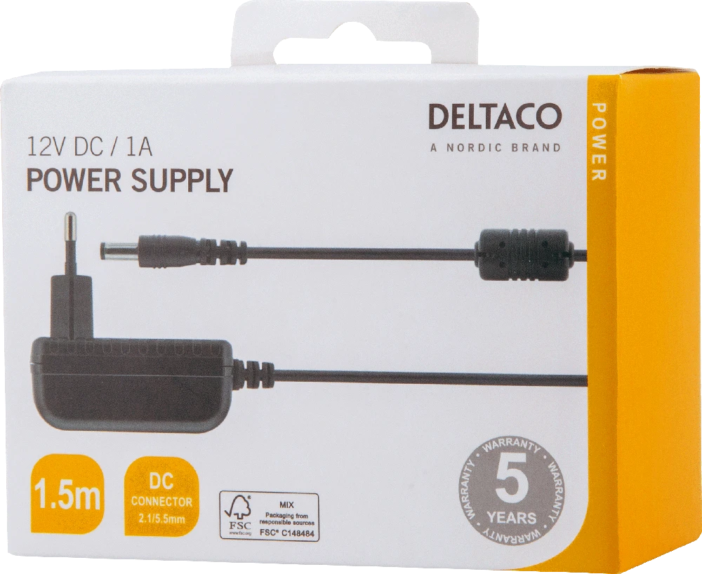 AC adapteris DELTACO 100-240V AC 50/60Hz to 12V DC, 1A, 1.5m, juodas / PS12-10B