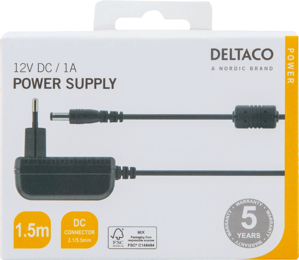 AC adapteris DELTACO 100-240V AC 50/60Hz to 12V DC, 1A, 1.5m, juodas / PS12-10B