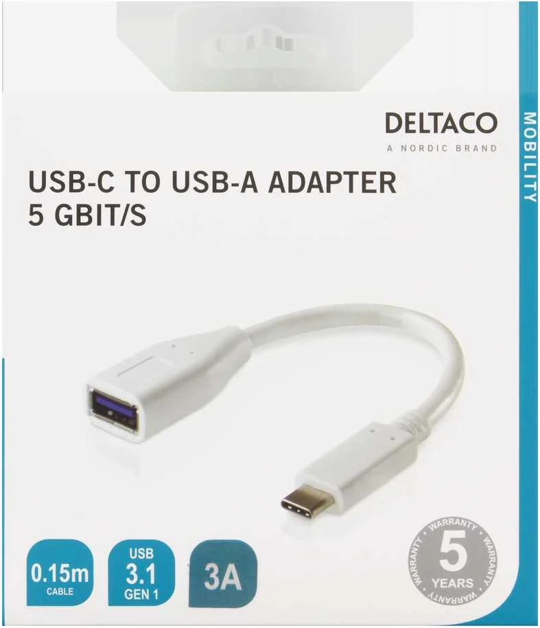 Adapteris DELTACO USB 3.1 C tipo - A tipo, Gen 1, baltas / USBC-1205