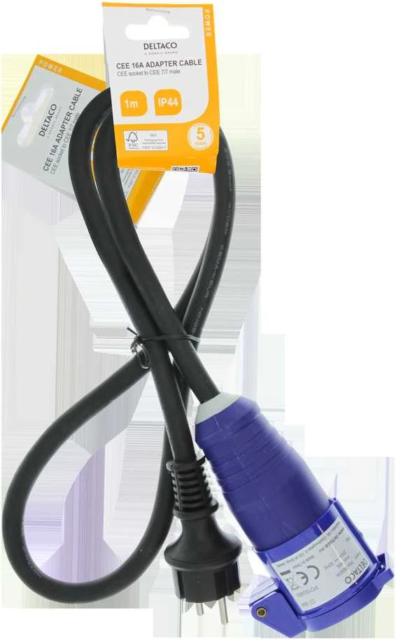 Adapterio kabelis DELTACO CEE 16A, CEE lizdas į CEE7/7 kištuką, naudojamas lauke IP44, 1m, juodas / GT-984
