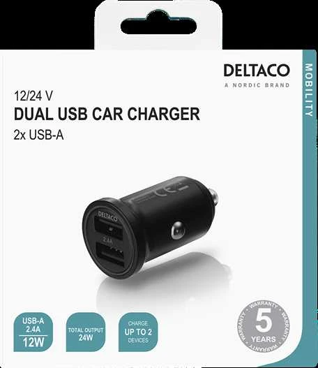 Automobilinis įkroviklis DELTACO 12/24 V USB su dviem USB-A jungtimis, 24 W, juodas USB-CAR127