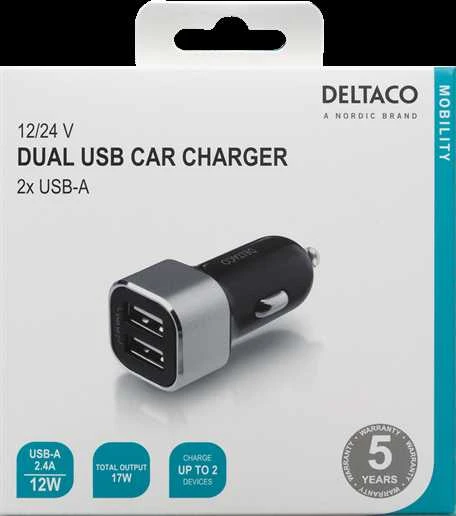 Automobilinis įkroviklis DELTACO USB, 2x USB-A, 2,4 A, 17 W USB-CAR126