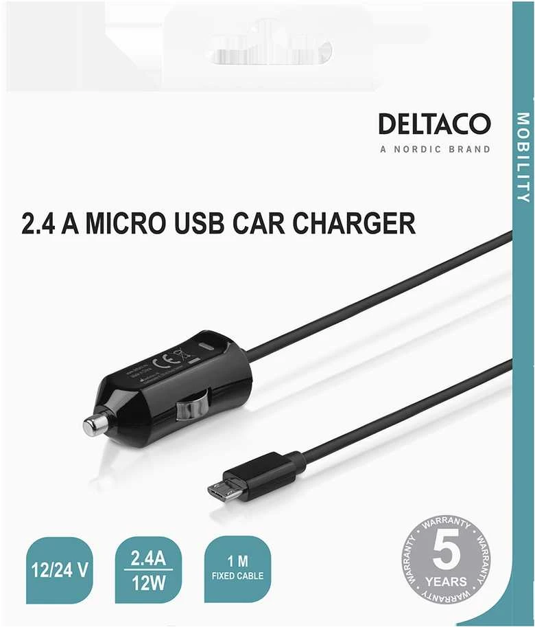 Automobilinis kroviklis DELTACO Micro USB, 2,4 A, 1 m kabelis, 12 W / USB-CAR129