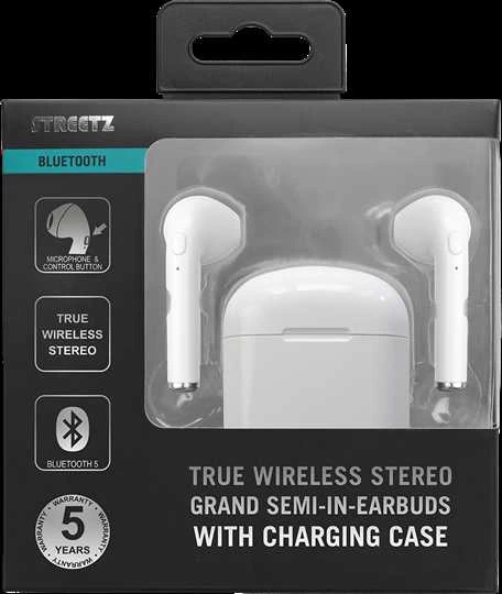 Ausinės STREETZ True Belaidės, 350 mAh su dėžute, BT5 baltos / TWS-0008