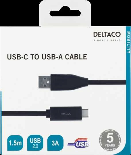 DELTACO USB 2.0 kabelis, Type C - Type A vyriškas, 1.5m, juodas / USBC-1005M
