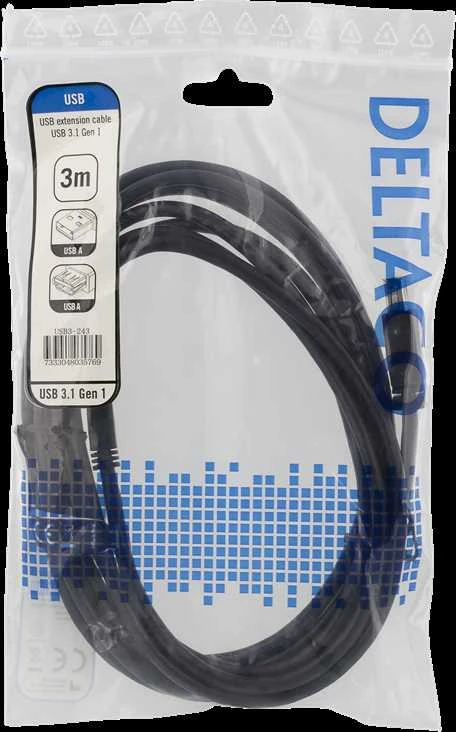 DELTACO USB 3.1 Gen1 prailginimo kabelis, 3 m, USB-A male į USB-A female/ USB3-243