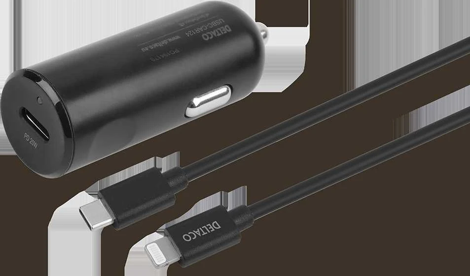 DELTACO USB automobilinis įkroviklis, 1x USB-C PD 20 W, 1 m Lightning laidas, juodas
