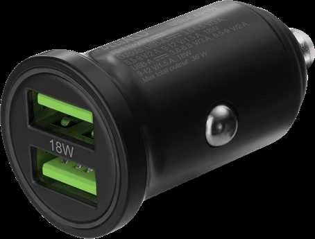 DELTACO USB automobilinis įkroviklis, 2x USB-A 18 W, greitas įkrovimas, viso 36 W juodas USB-CAR128