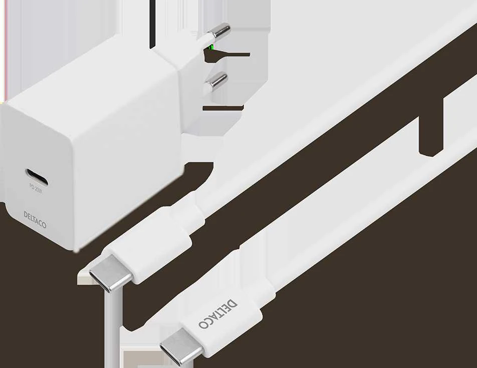 DELTACO USB-C sieninis įkroviklis, 1x USB-C PD 20 W, 1 m USB-C laidas, baltas, USBC-AC146