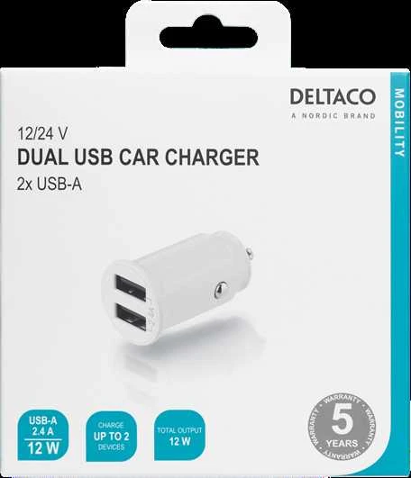 DELTACO 12/24 V USB įkroviklis su dvigubomis USB-A jungtimis, 2,4 A, 12 W, baltas USB-CAR125