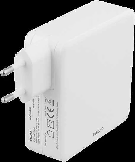 DELTACO 87W USB-C maitinimo šaltinis, greitas įkrovimas, USB-C PD, baltas / USBC-AC117