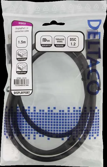 DELTACO 8k DisplayPort kabelis, DP 1.4, 7680x4320, 60 Hz, 1,5 m, juodas DP8K-1015
