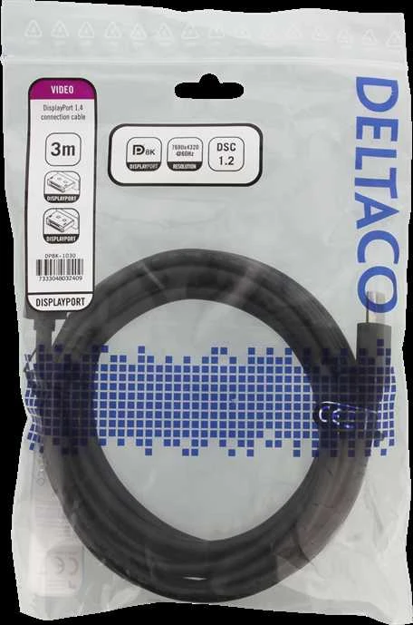 DELTACO 8K DisplayPort kabelis, DP 1.4, 7680x4320 60Hz, 1m, juodas DP8K-1010