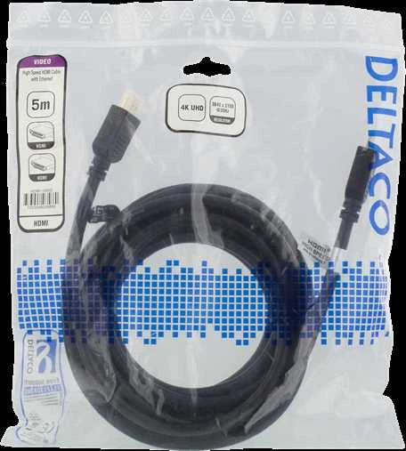 DELTACO didelės spartos HDMI kabelis, 5 m, Ethernet, 4K UHD, Be ferito juodas HDMI-1050D