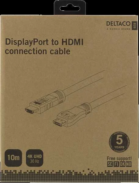 DELTACO DP - HDMI kabelis, 10m, 3840x2160 30Hz, 10.8Gb / s, juodas DP-HDMI1100