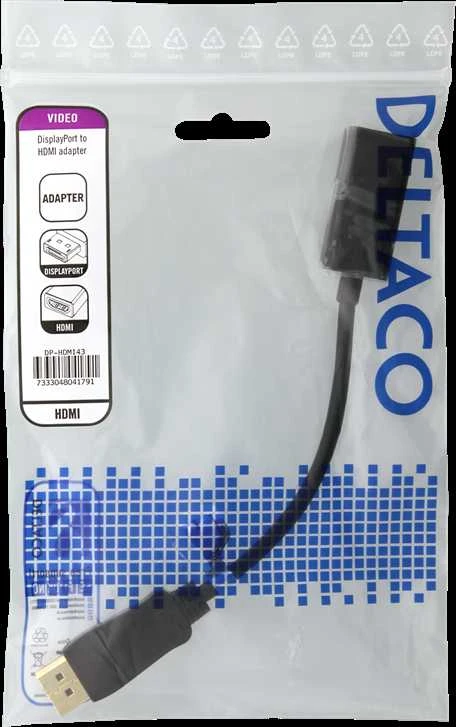 DELTACO DP į HDMI adapteris, dviejų režimų (DP ++), 3840x2160 prie 60Hz, 0.2m, juodas / DP-HDMI43