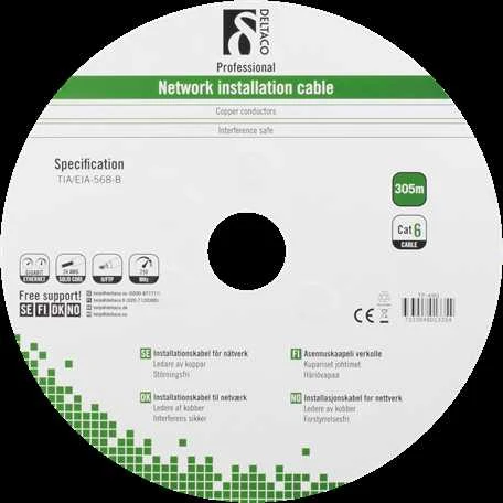 DELTACO F / UTP Cat6 Instaliacinis lauko kabelis, 305m ritė, 250MHz, Sertifikuotas, juodas TP-49G