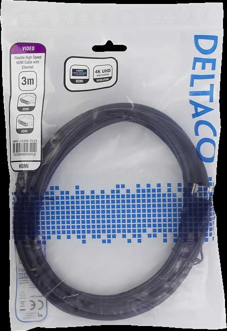 DELTACO flex HDMI kabelis, 4K UltraHD 60Hz, 3m, juodas / HDMI-1030D-FLEX