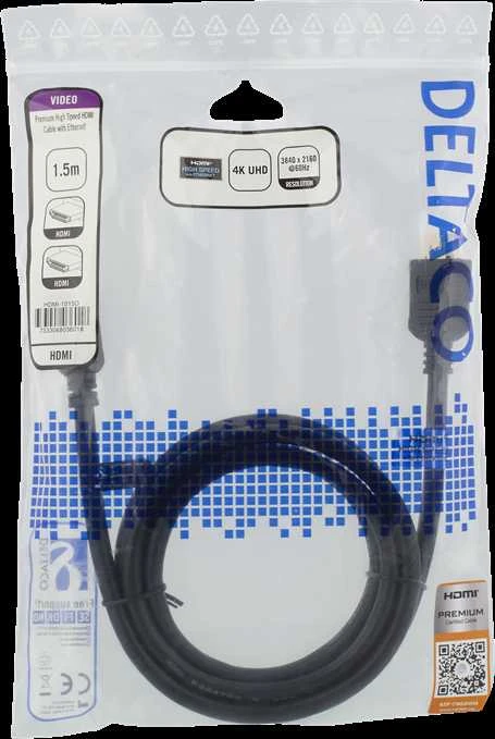 DELTACO didelės spartos aukščiausios kokybės HDMI kabelis, 1,5 m, Ethernet, 4K UHD, be ferito juodas / HDMI-1015D