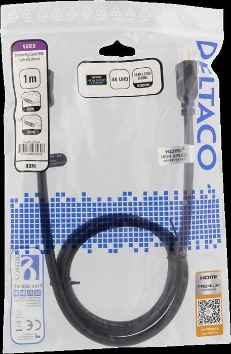 DELTACO didelės spartos aukščiausios kokybės HDMI kabelis, 1 m, Ethernet, 4K UHD, be jungties, juodas / HDMI-1010D