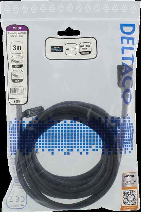 DELTACO didelės spartos aukščiausios kokybės HDMI kabelis, 3 m, Ethernet, 4K UHD, be jungties, juodas / HDMI-1030D