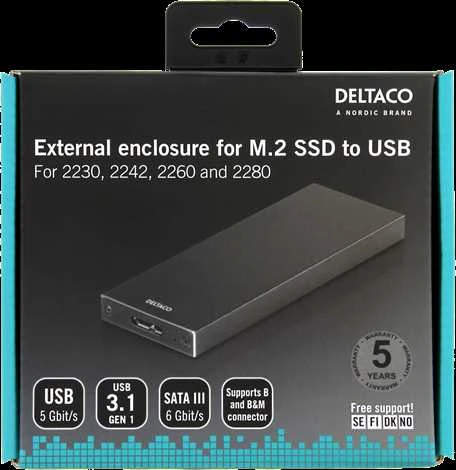 DELTACO išorinis HDD M.2 korpusas, B, B & M, USB 3.1 Gen 1, SATA III, juodas MAP-K16N