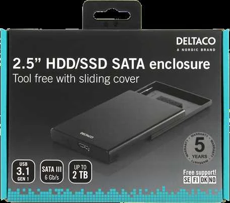 DELTACO išorinis kietojo disko korpusas,2.5 "SATA HDD / SSD, USB 3.1 Gen 1, SATA III, juodas / MAP-K2568