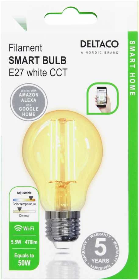 DELTACO SMART HOME LED kaitrinė lempa, E27, WiFI 2.4GHz, 5.5W, 470lm, reguliuojamas, 1800K-6500K, 220-240V, baltas SH-LFE27A60