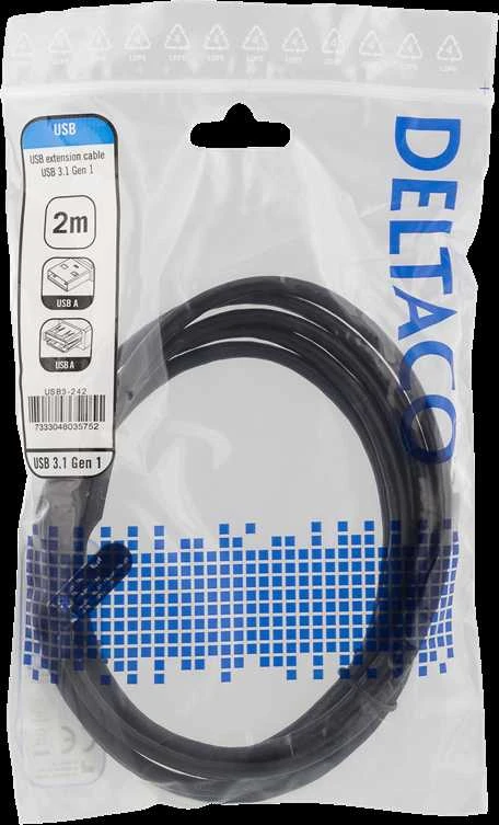 DELTACO USB 3.1 Gen1 prailginimo kabelis, USB-A male į USB-A female, 2m, juodas/ USB3-242