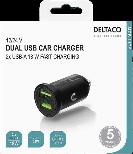 DELTACO USB automobilinis įkroviklis, 2x USB-A 18 W, greitas įkrovimas, viso 36 W juodas USB-CAR128