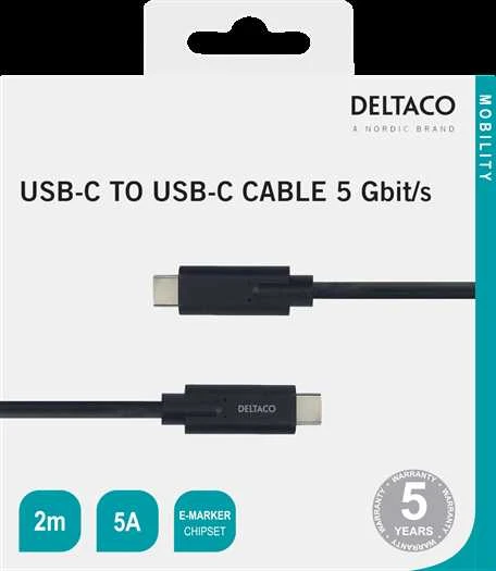 DELTACO USB-C - USB-C laidas, 5Gbit / s, 5A, 2M, juodas USBC-1503M