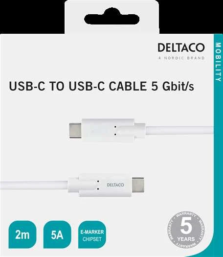 DELTACO USB-C - USB-C laidas, 5Gbit / s, 5A, 2M, baltas / USBC-1504M